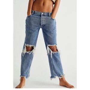 FREE PEOPLE Maggie Straight Leg Mid Rise Distressed Denim Jeans in Blue US 28